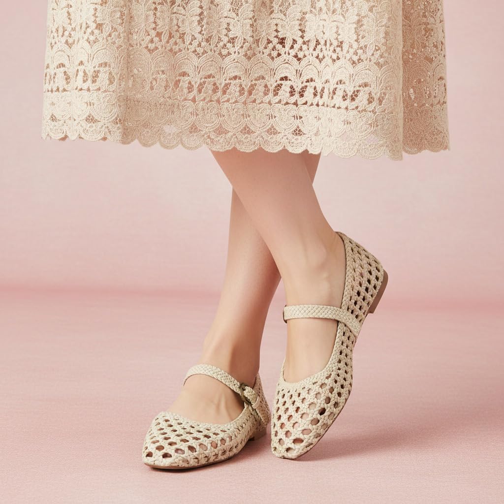 CUSHIONAIRE Weston Hand Woven Mary Jane Flats for Women, Comfortable Dressy Ballet Flats with Braided Adjustable Buckle and Memory Foam Cushioning, Wheat 9
