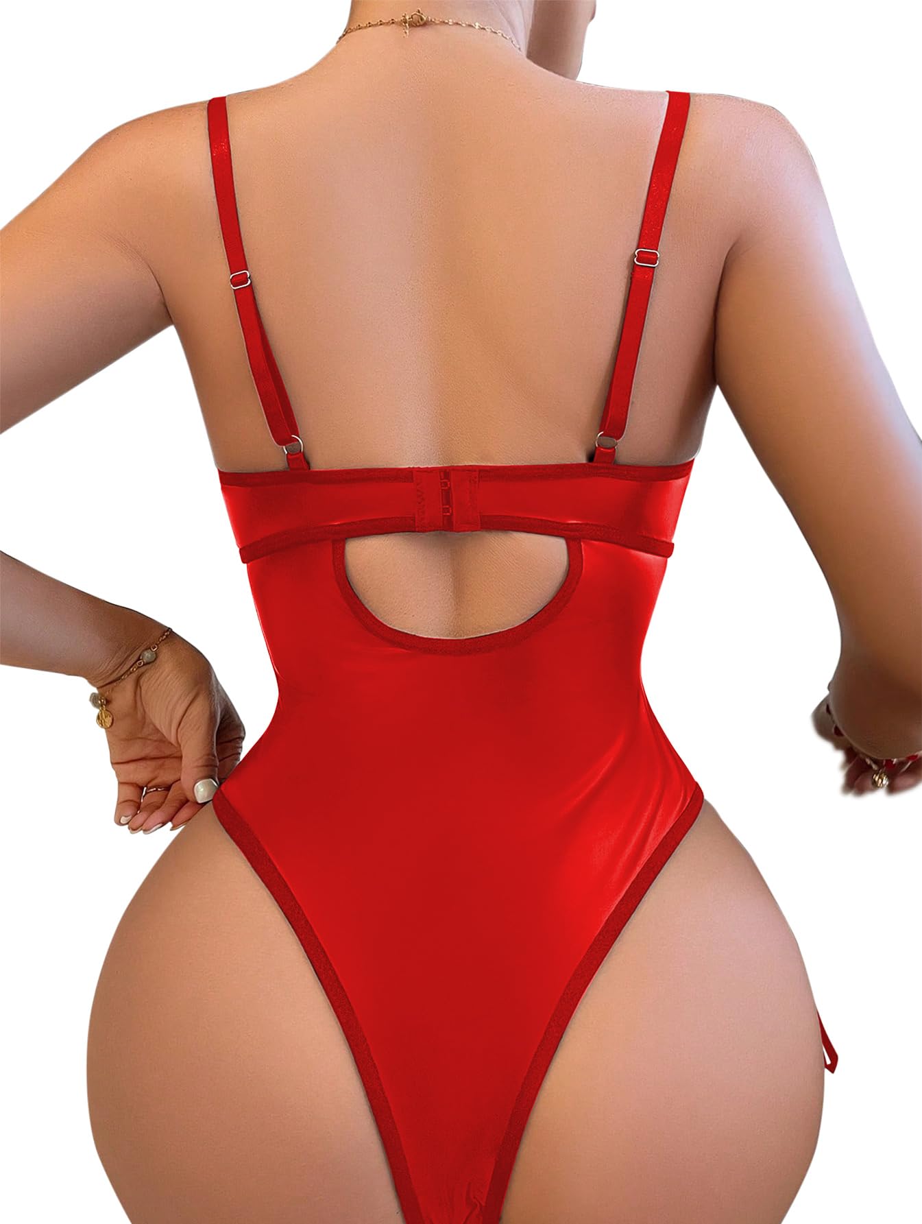Lilosy Petite Sexy Lace Up Floral Garter Underwire Teddy Bodysuit Lingerie Belt Women Top One Piece Red 2X-Small