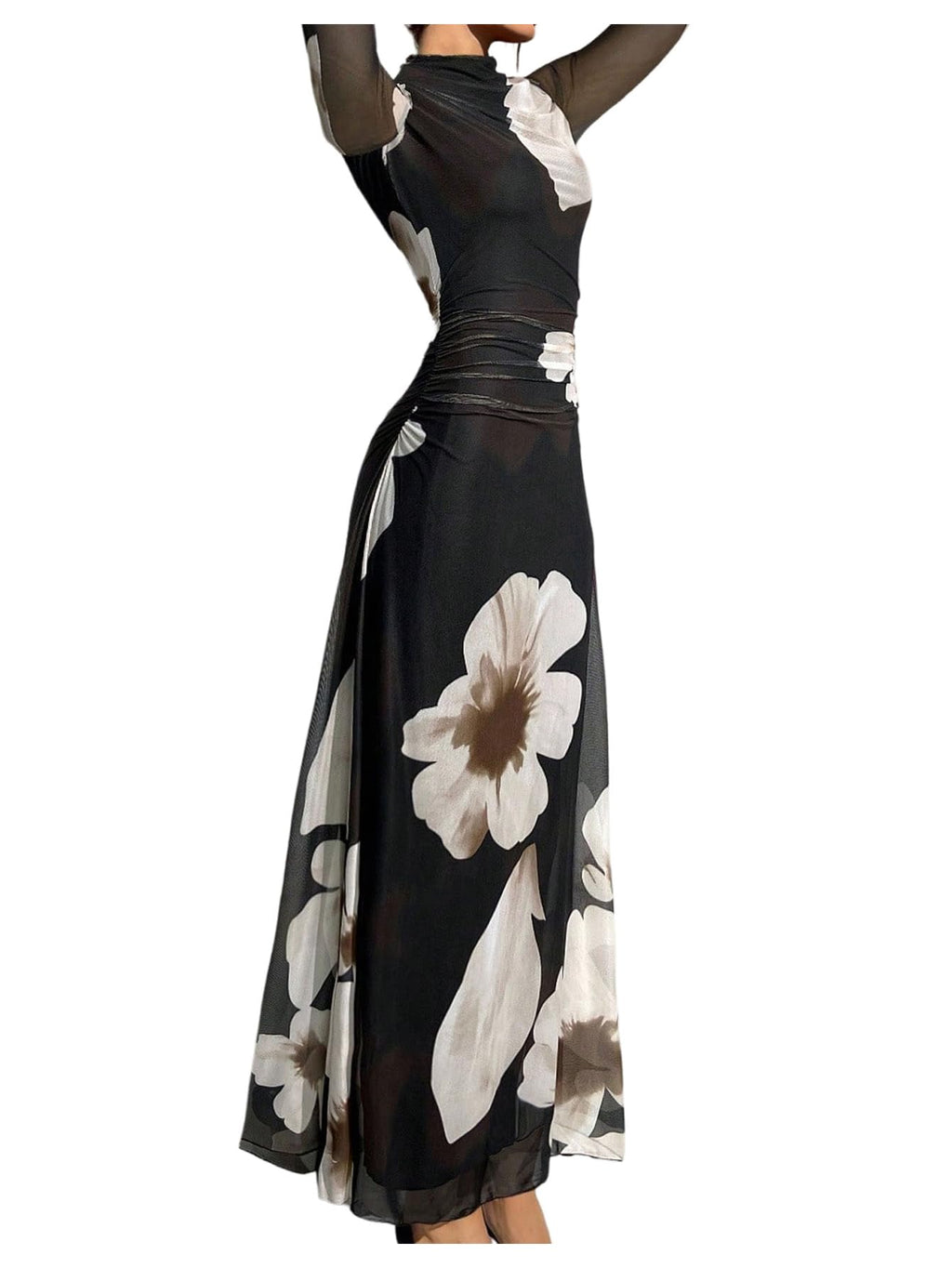 Verdusa Women's Floral Slimming Wedding Guest Dress Long Sleeve Holiday Maxi Dresses Black Khaki Large