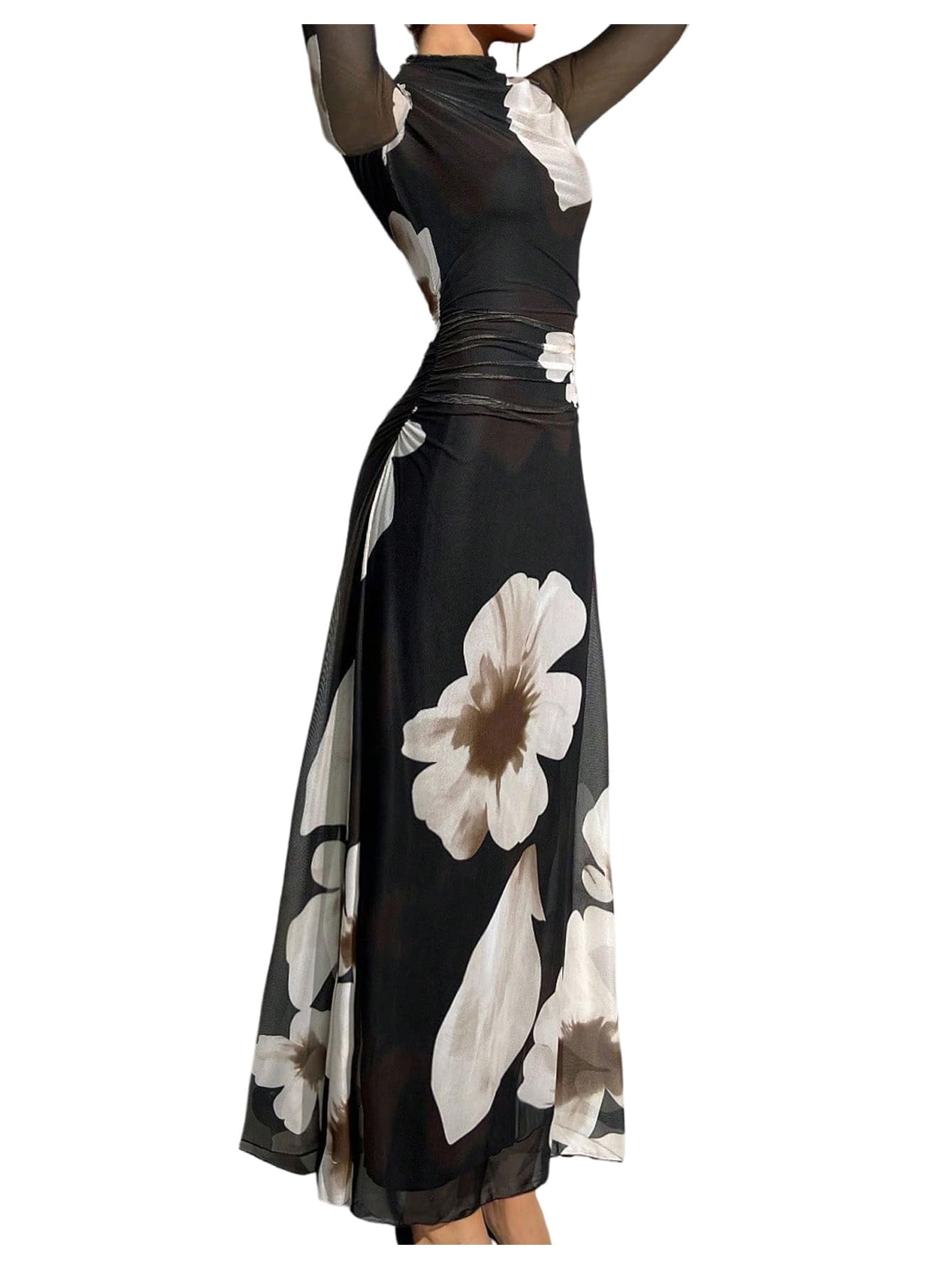 Verdusa Women's Floral Slimming Wedding Guest Dress Long Sleeve Holiday Maxi Dresses Black Khaki Large