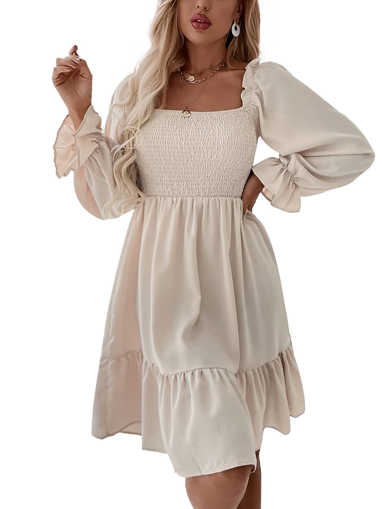 LYANER Women's Square Neck Lantern Long Sleeve Shirred Ruffle A Line Flowy Party Mini Dress Solid Beige Small