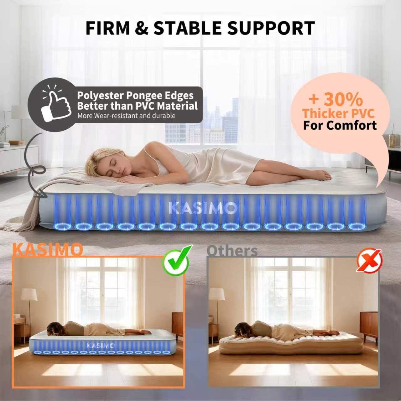 KASIMO Queen Air Mattress with Built-in Battery Powered Removable Pump, Blow Up Mattress Inflatable AirBed with Soft Suede Surface,Air Bed for Home Guests Camping