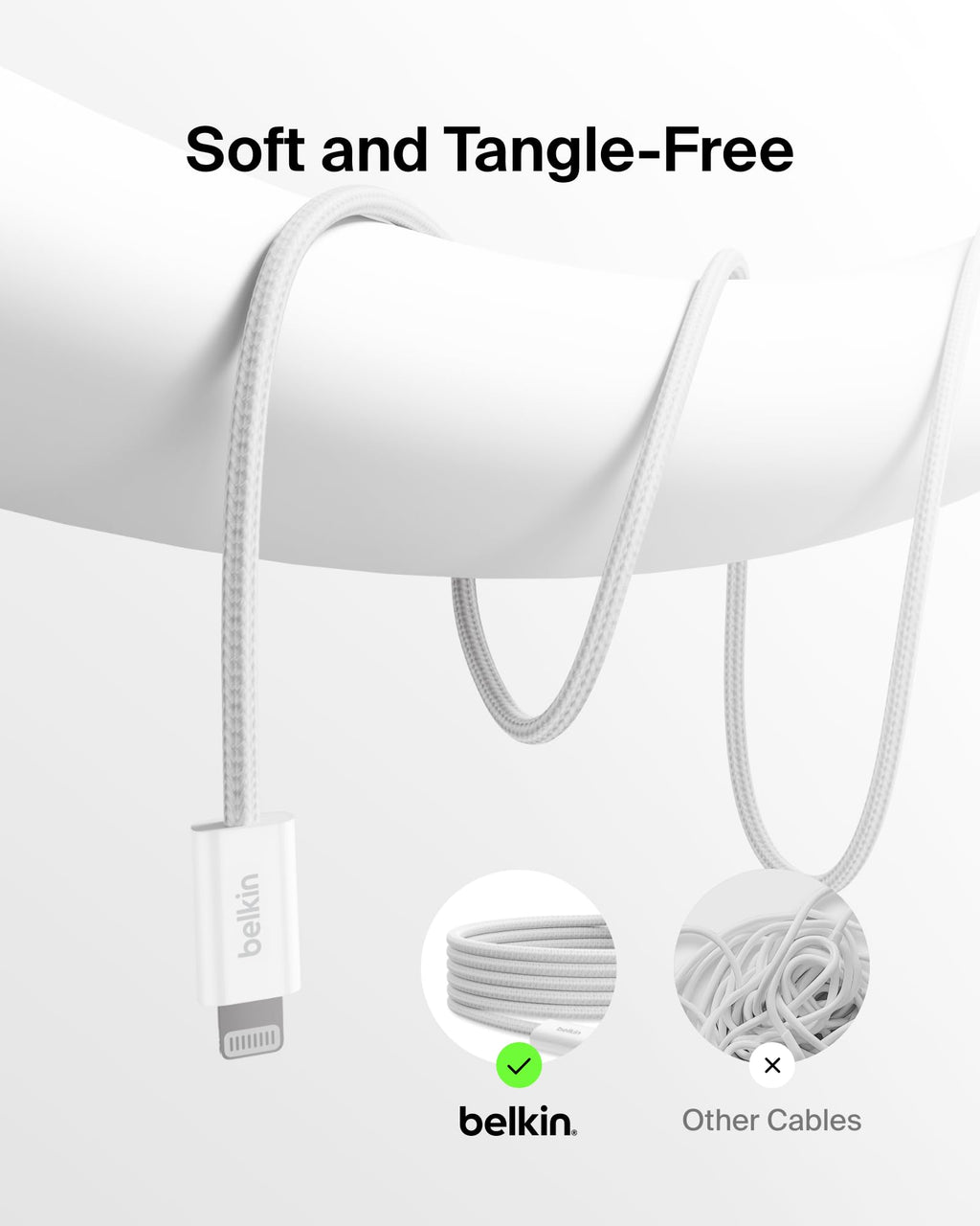 Belkin USB C Cable w/Lightning Connector, 6.6ft - Soft, Flexible Fast-Charging Cable, Lightning Charger Cord for iPhone 14 & Earlier Series, iPad 9th Gen, Airpods & More - White