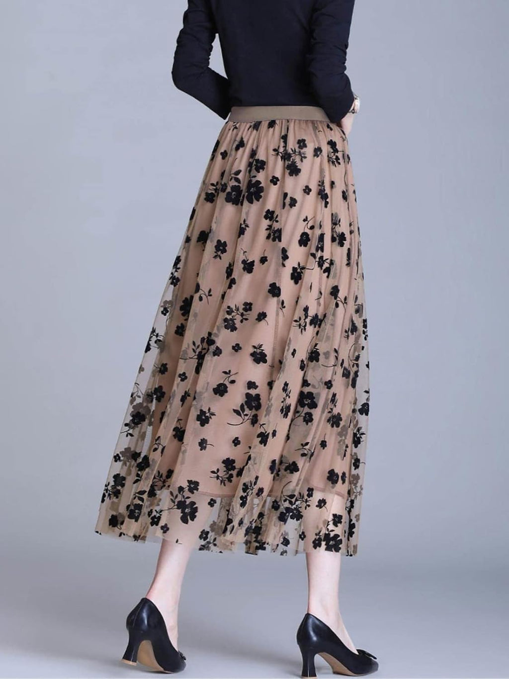Reaowazo Skirts for Women Midi Long Length Dressy Casual Trendy Summer Tulle A-Line Floral High Waist Skirt Khaki L-XL