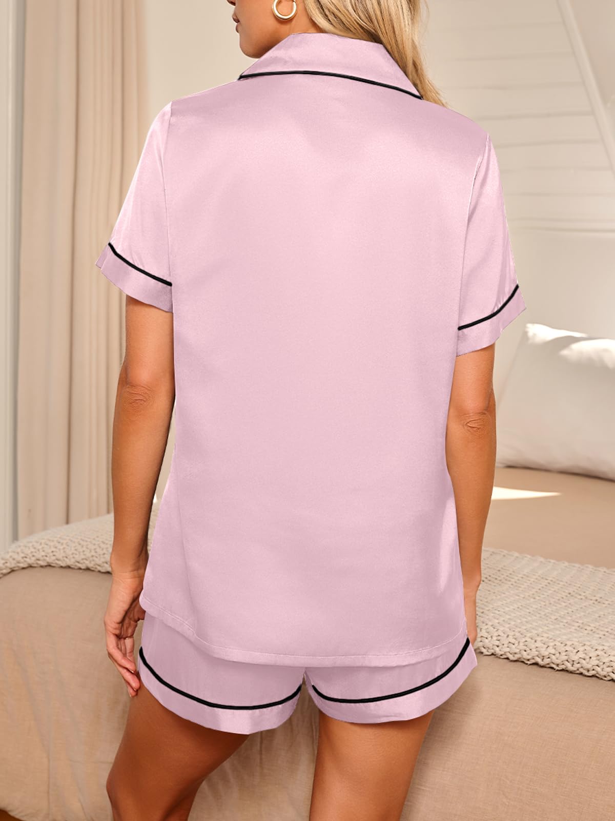 LILLUSORY Silk Satin Pajama Set for Women 2 Piece Lounge Pjs Winter Matching Summer Sleepwear Button Down Shirt Shorts Pink M