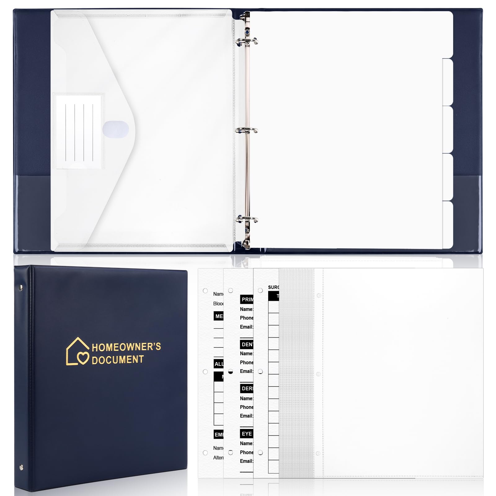 Home Organizer Binder 8.5"×11" Home Management 3 Ring Binder Household Health Planner Journal with 15 Dividers & 25 PCS Protectors & Binder Pocket & 3 Information Tables for Family Medical Documents