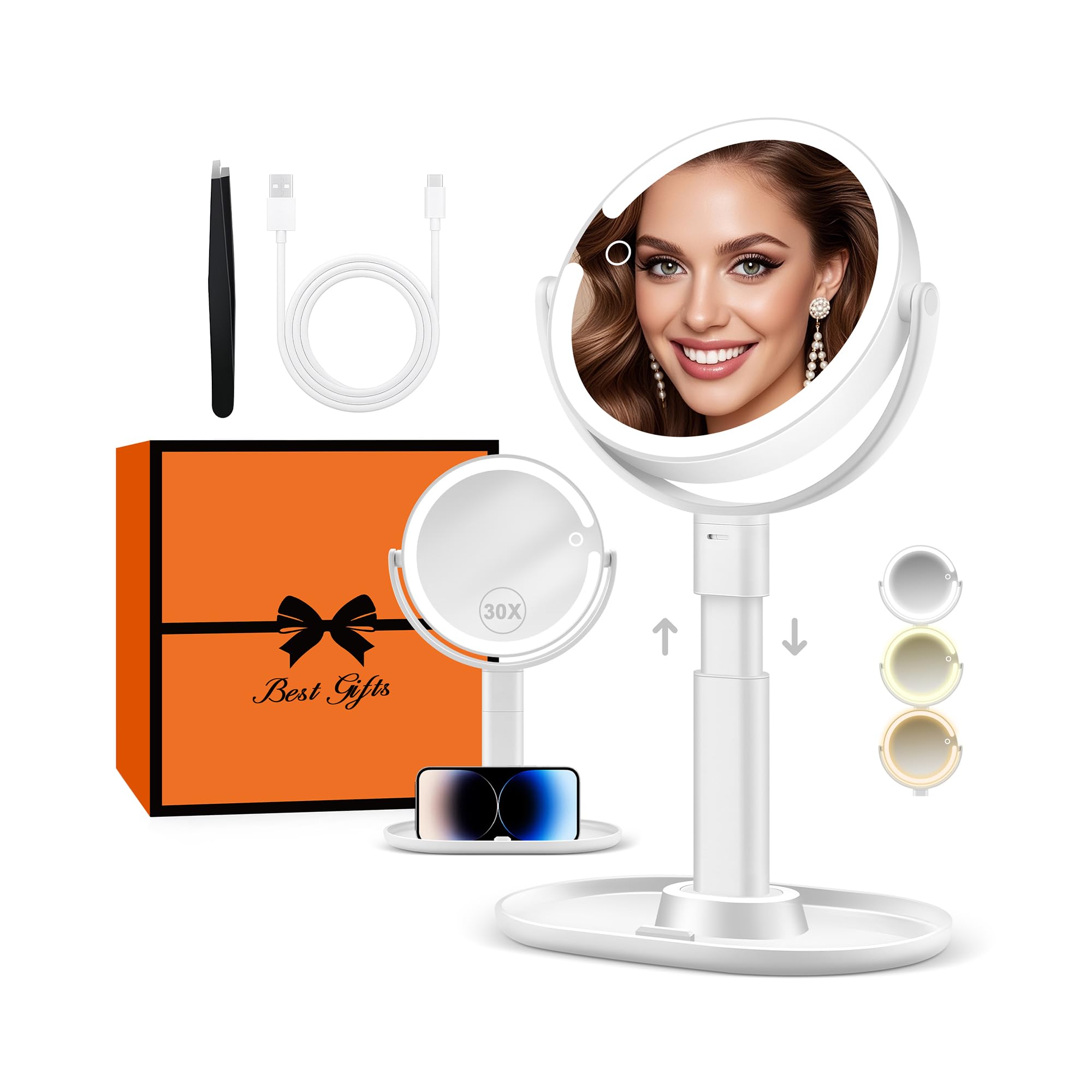 B Beauty Planet Vanity Mirror with Lights, 30X Magnifying Makeup Mirror with 3 Lighting and Adjustable Brightness, Rechargeable 2-Sided Height Adjustable Desk Mirror for Bathroom, Gift for Women White
