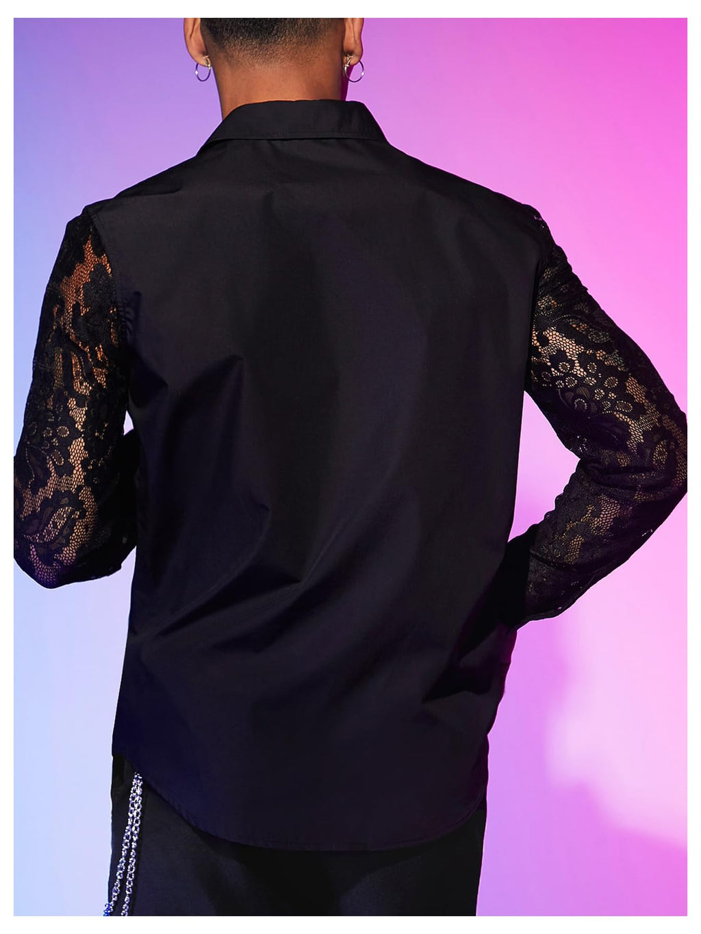 WDIRARA Men's Floral Lace Button Down Shirt See Through Long Sleeve Collared Top Sexy Clubwear Black X-Large