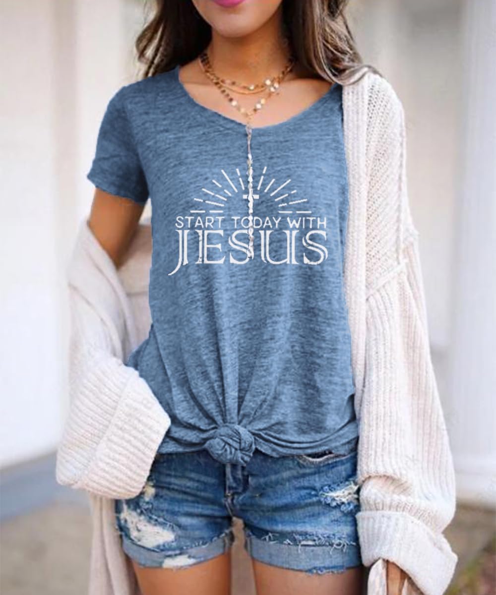 Start Today with Jesus T-Shirt for Women Christian Graphic Top,Ink Blue,XXL