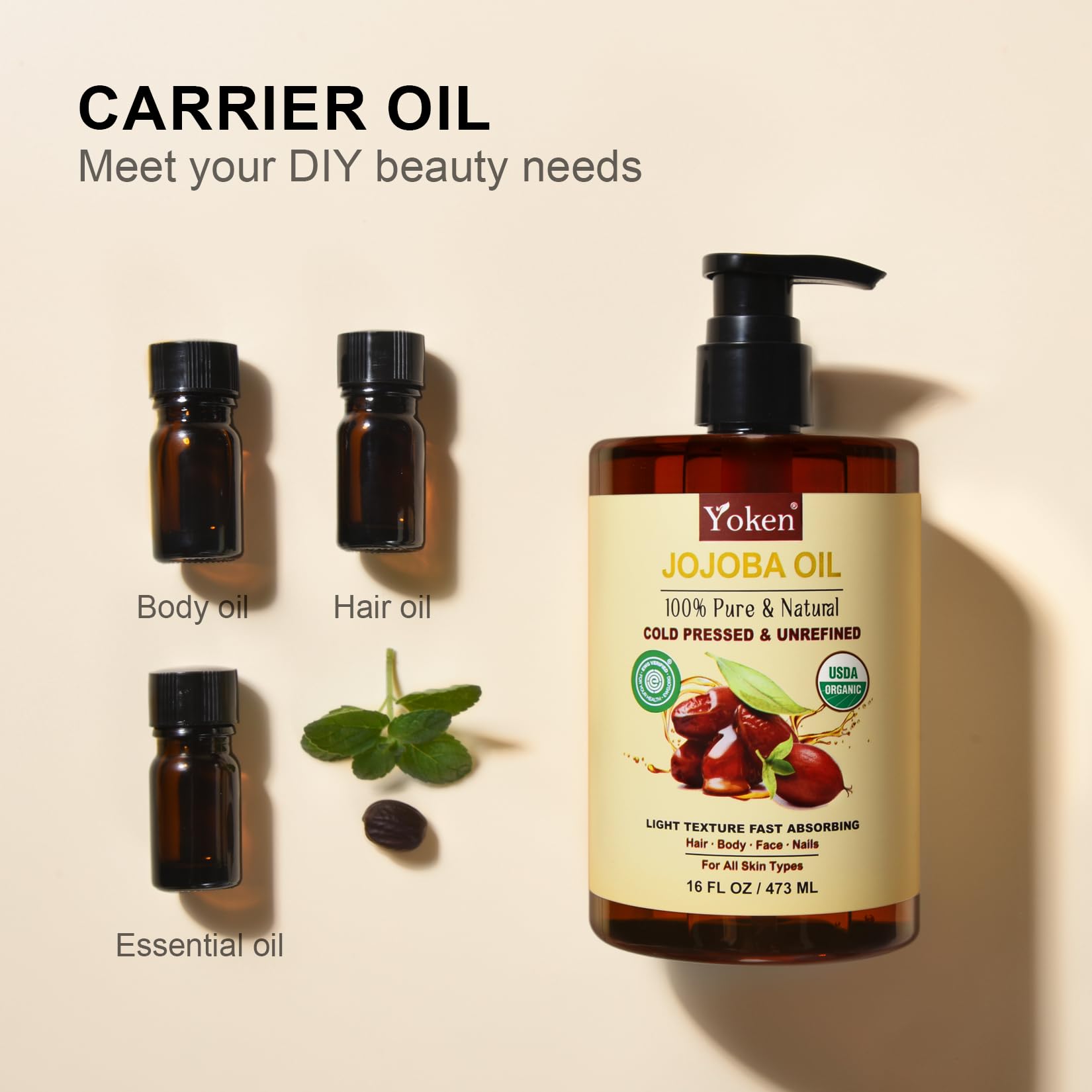 Yoken Pure Jojoba Oil Organic USDA Certified 16 fl oz, 100% Natural Jojoba Oil for Hair, Skin & Face, Cold Pressed Unrefined, Deeply Body Moisturizer Jojoba Carrier Oils for Essential oil Mixing