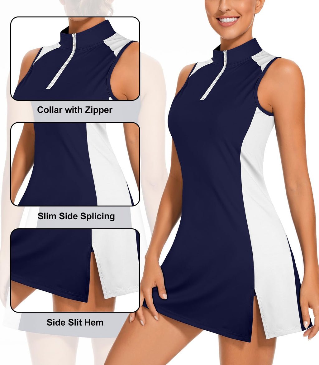 Viracy Tennis Dress for Women Golf Dresses with Built in Shorts, Pockets Sleeveless Slimming Athletic Dress Zip Up Stand Collar Lightweight for Hiking Running, Dark Blue, Large