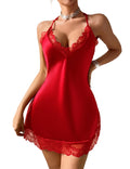 Avidlove Valentines Day Outfit Satin Lace Sexy Lingerie Sexy Slips Nightgown Red Large
