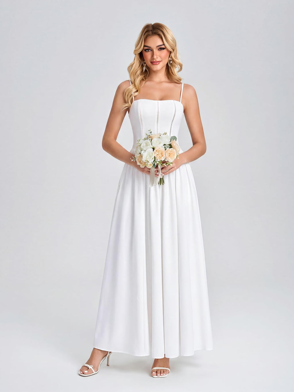VKIHOC Women Floral Corset Maxi Dress Spaghetti Strap Lace Up Flowy A Line Wedding Guest Long Dress with Pockets White