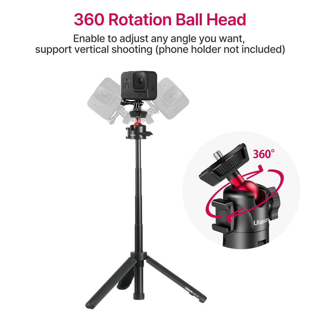 ULANZI MT-16 Extendable Mini Camera Tripod, 4 Levels Adjustment 360° Ball Head Cold Shoe Lightweight Portable Vlog Travel Selfie Stick Handle Grip Desktop Webcam Tripod for DSLR Action Camera