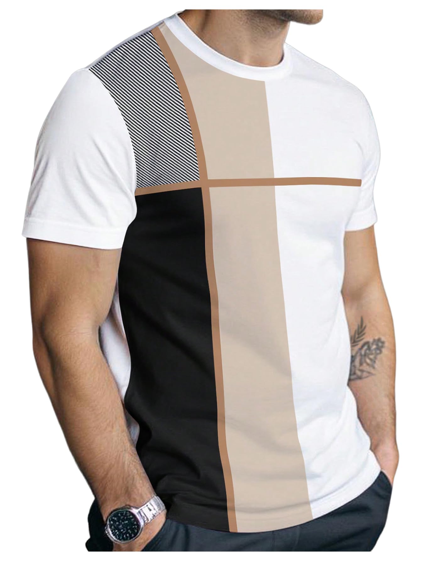 SOLY HUX Men's Casual T Shirts Short Sleeve Crew Neck Color Block Graphic Tees Shirt Summer Tops White Khaki Multi Large