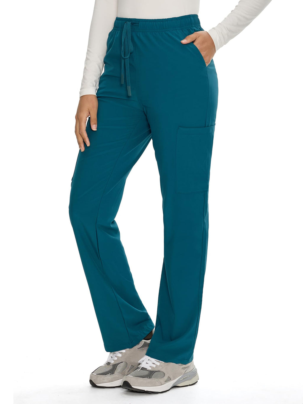 COZYFIT Straight Leg Scrub Pants for Women, Drawstring Soft Stretch, Anti-Wrinkle Women's Scrub Pants with 6 Pockets,Caribbean Blue,XL,Tall