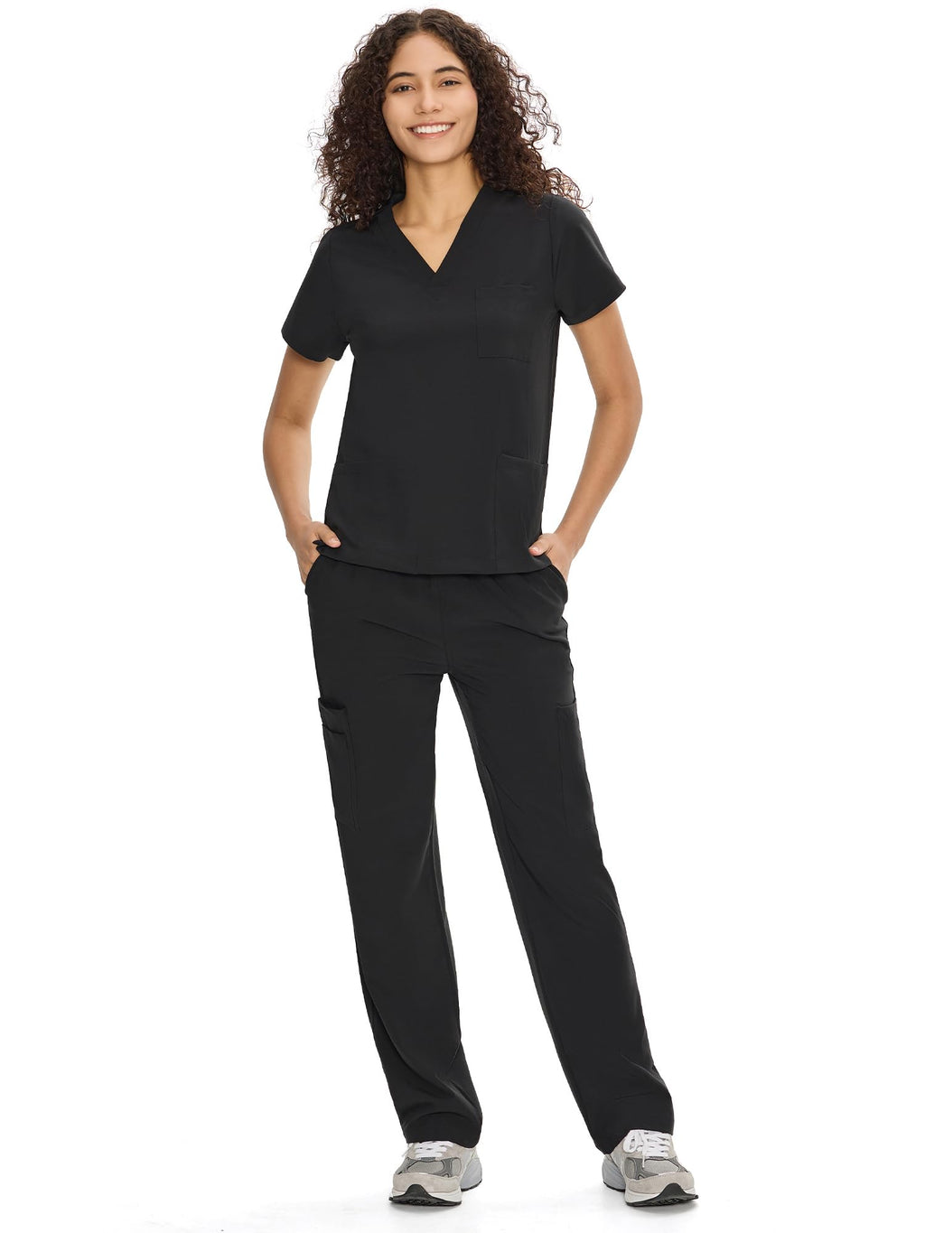 COZYFIT Scrubs for Women Set Medical Uniform - V-Neck Top & Straight Leg Pants with 9 Pockets, Unisex Workwear COZY SCRUBS, Black, M