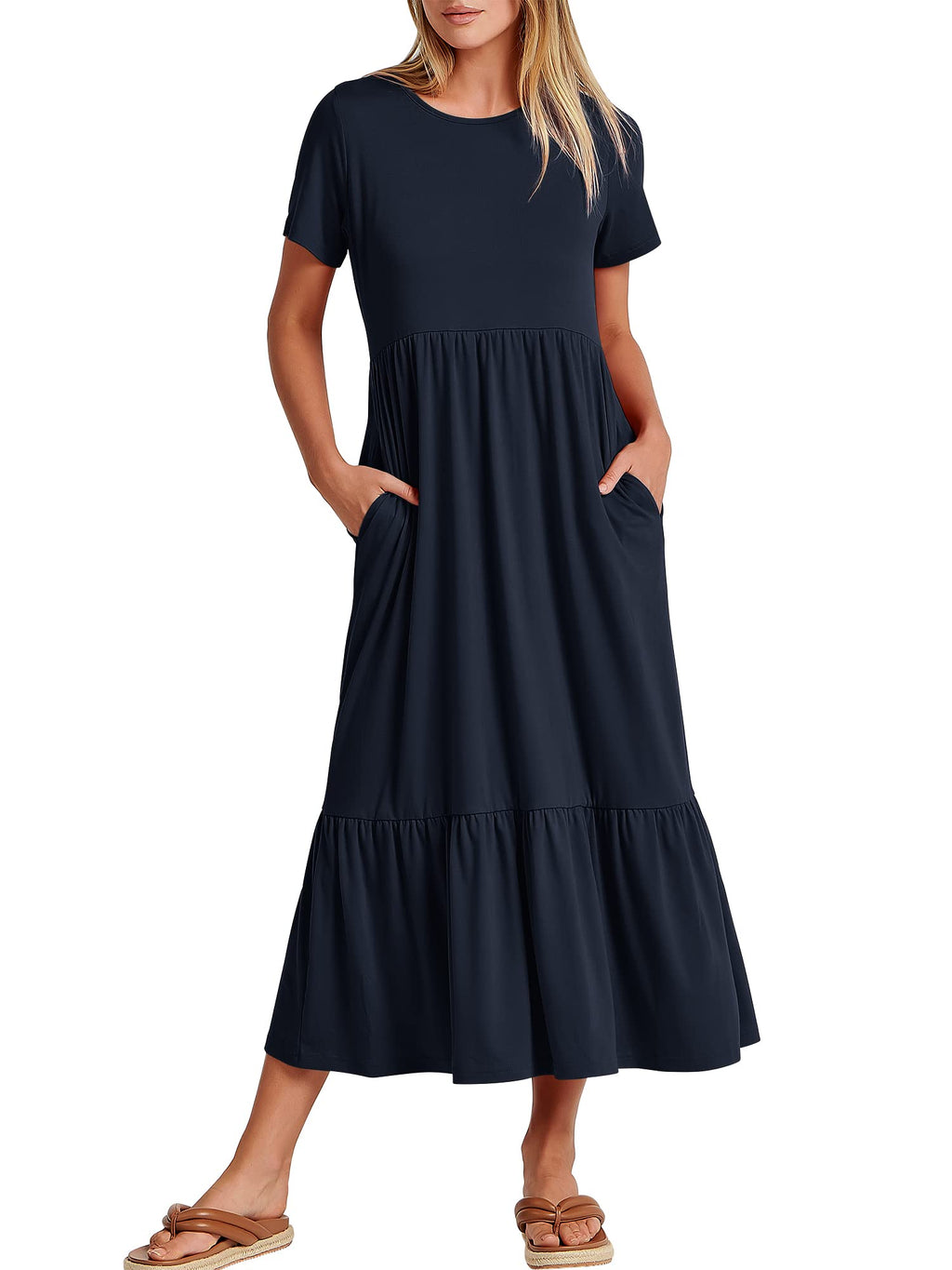 ANRABESS Womens 2025 Summer Casual Maxi Dress A line Tiered Flowy Short Sleeve Crewneck T Shirt Beach Travel Long Dresses X-Large Navy Blue