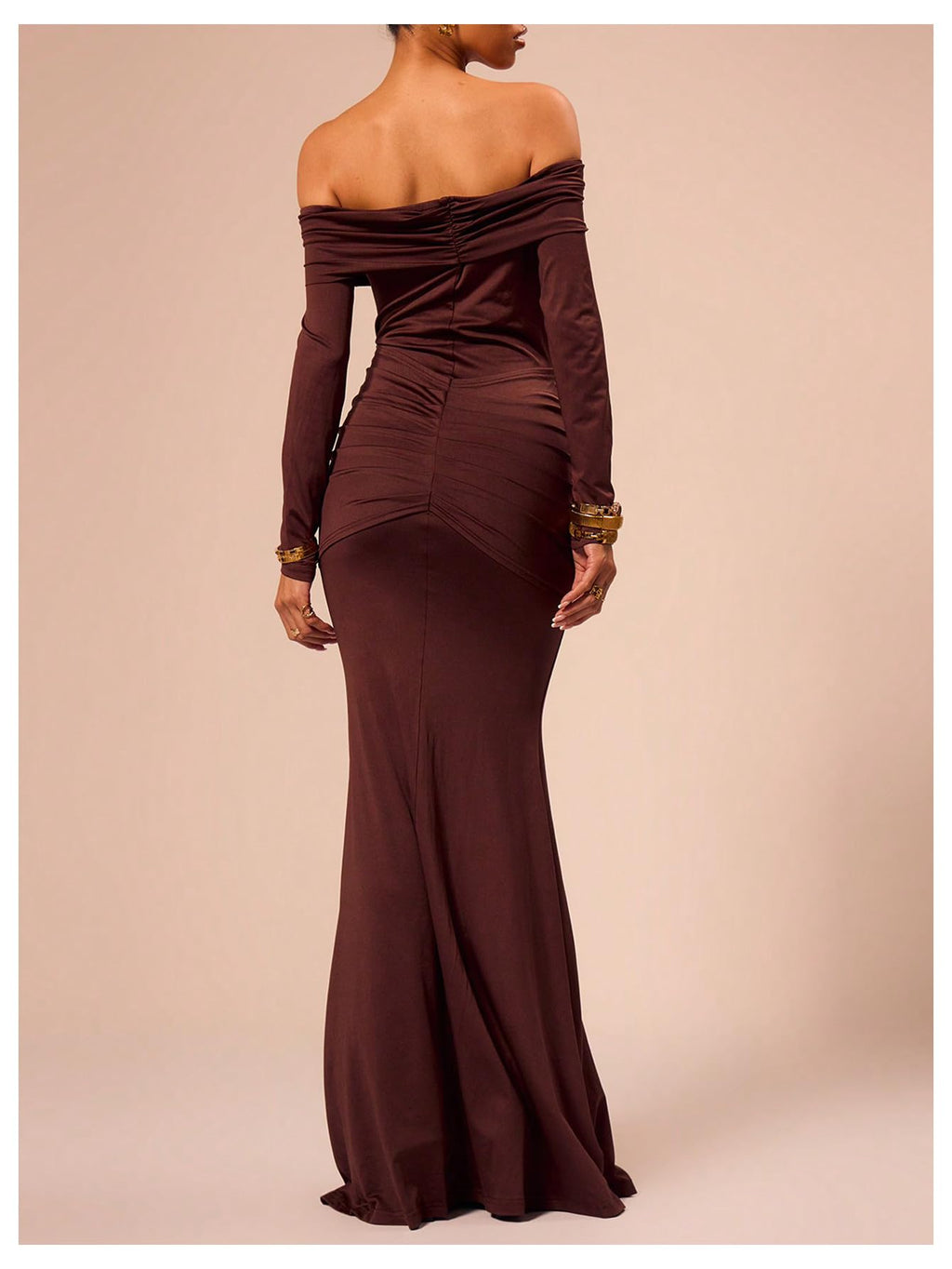 Verdusa Women's Wedding Guest Off Shoulder Maxi Dresses Ruched Bodycon Elegant Dresses Coffee X-Large