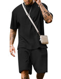 Babioboa Men's Casual set Tee TShirt Suit 2 pockets two piece outfit Homewear Summer oversize Tracksuit for men(Black,S)