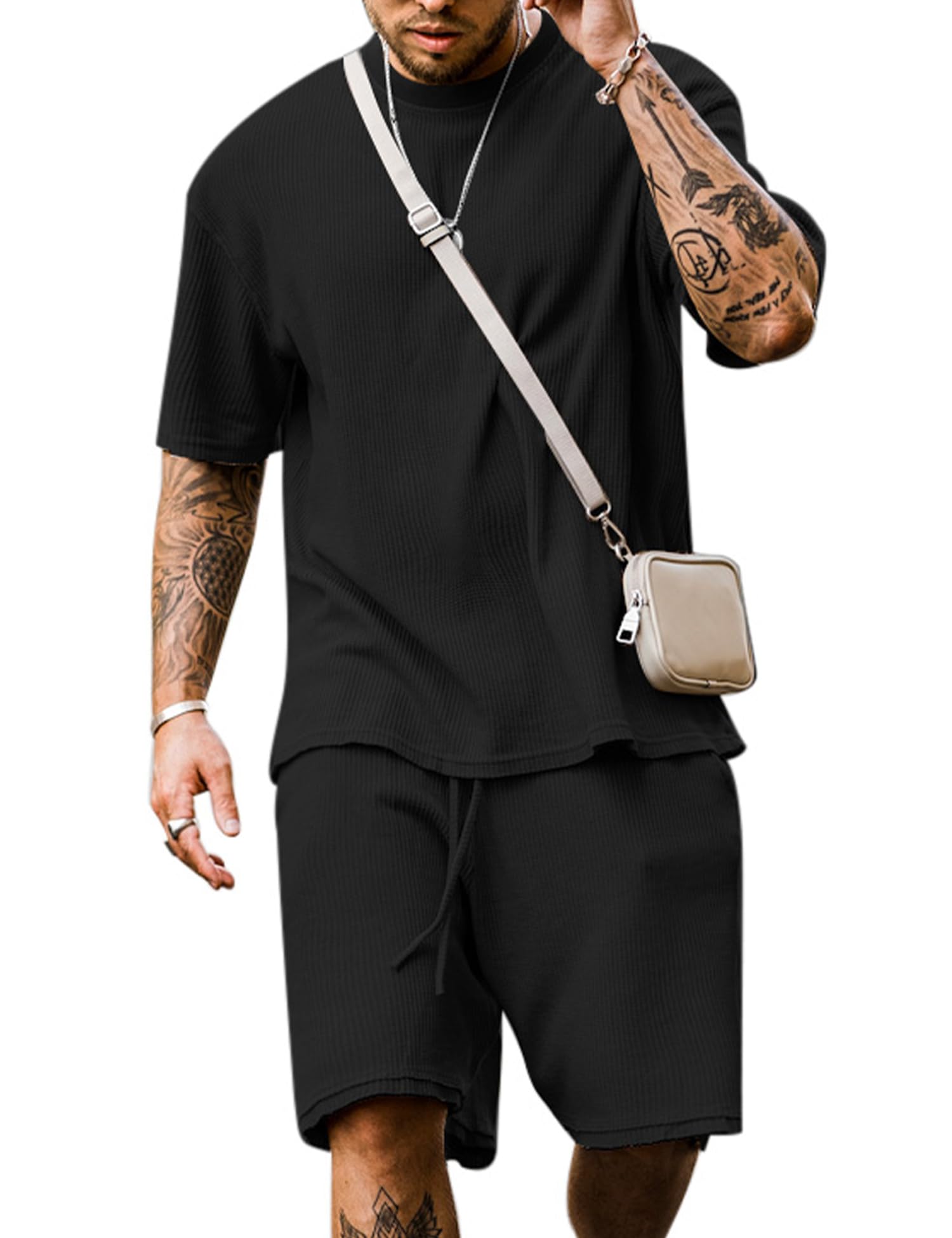 Babioboa Men's Casual set Tee TShirt Suit 2 pockets two piece outfit Homewear Summer oversize Tracksuit for men(Black,S)