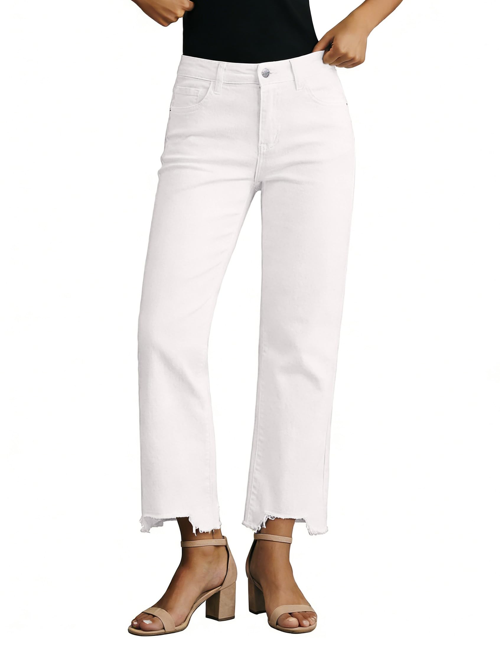 luvamia Straight Leg Cream White Jeans for Women Cropped Trendy Mid Rise Baggy Loose Distressed Casual Raw Hem Stretchy Denim Jeans for Women Stretch Large US Size 12-14