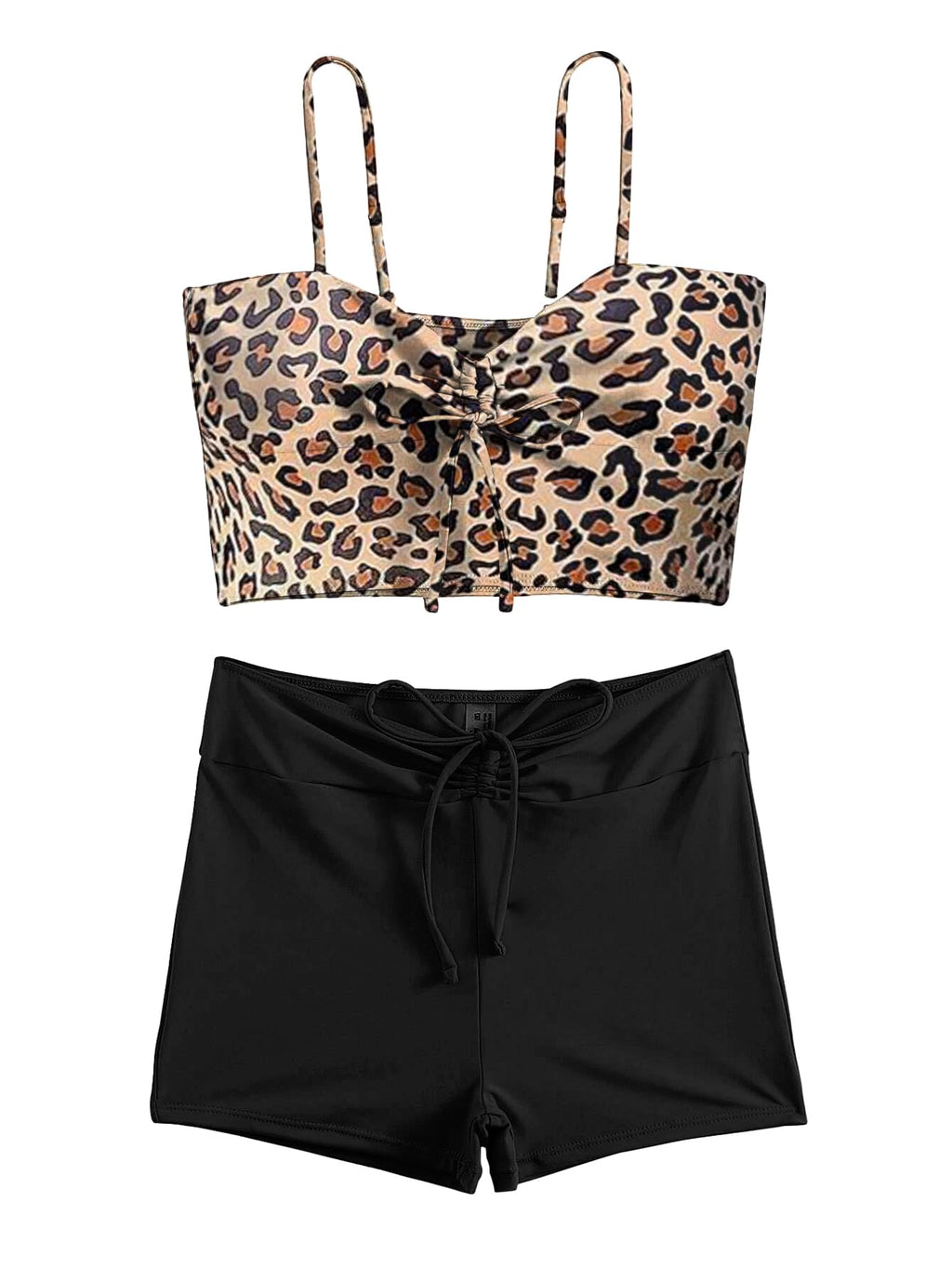 Lilosy High Waisted Tummy Control Drawstring Bikini Set String Swimsuit Cami Top and Tie Side Shorts 2 Piece Women Bathing Suit Leopard Small