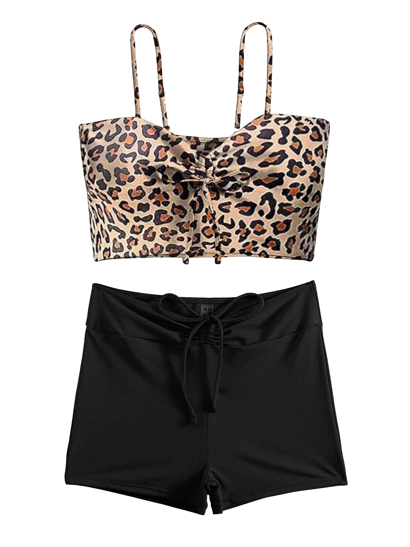 Lilosy High Waisted Tummy Control Drawstring Bikini Set String Swimsuit Cami Top and Tie Side Shorts 2 Piece Women Bathing Suit Leopard Small