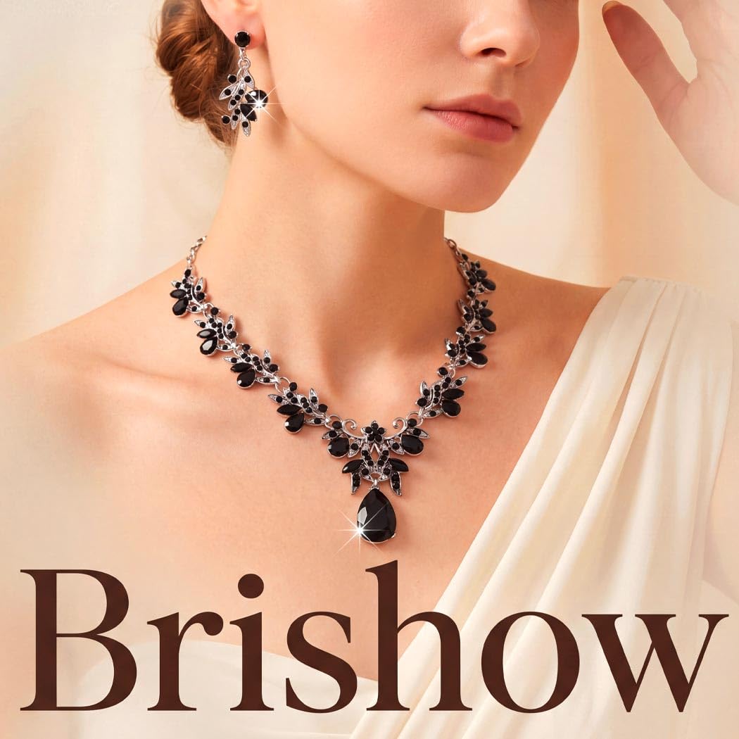 Brishow Jewelry Sets for Women Black Rhinestone Necklace Earrings Set Silver Leaf Costume Jewelry for Prom Formal Events
