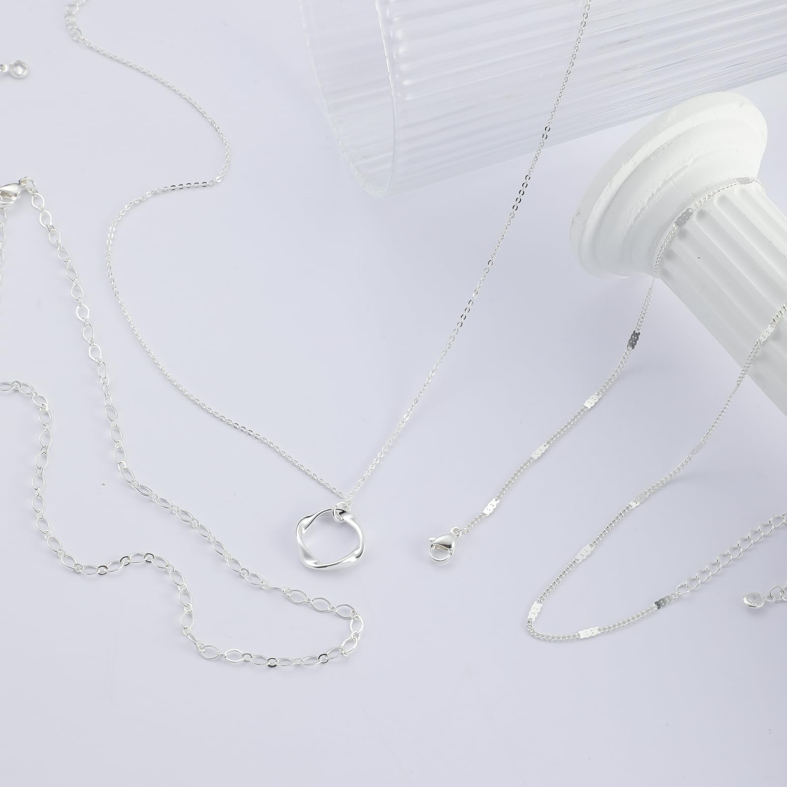 Cuzmly Layered Silver Necklaces for Women, 925 Sterling Silver Stackable Choker Necklaces for Women Trendy Layering Circle Pendant Chain Necklace Set Jewelry Gifts for Women Teen Girls, Brass, No