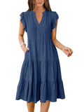 ANRABESS Womens Summer Dress Ruffle Sleeve V Neck Midi Dresses Fashion Casual Fit Flowy Tiered Boho Beach Vacation Sundress Blue-S