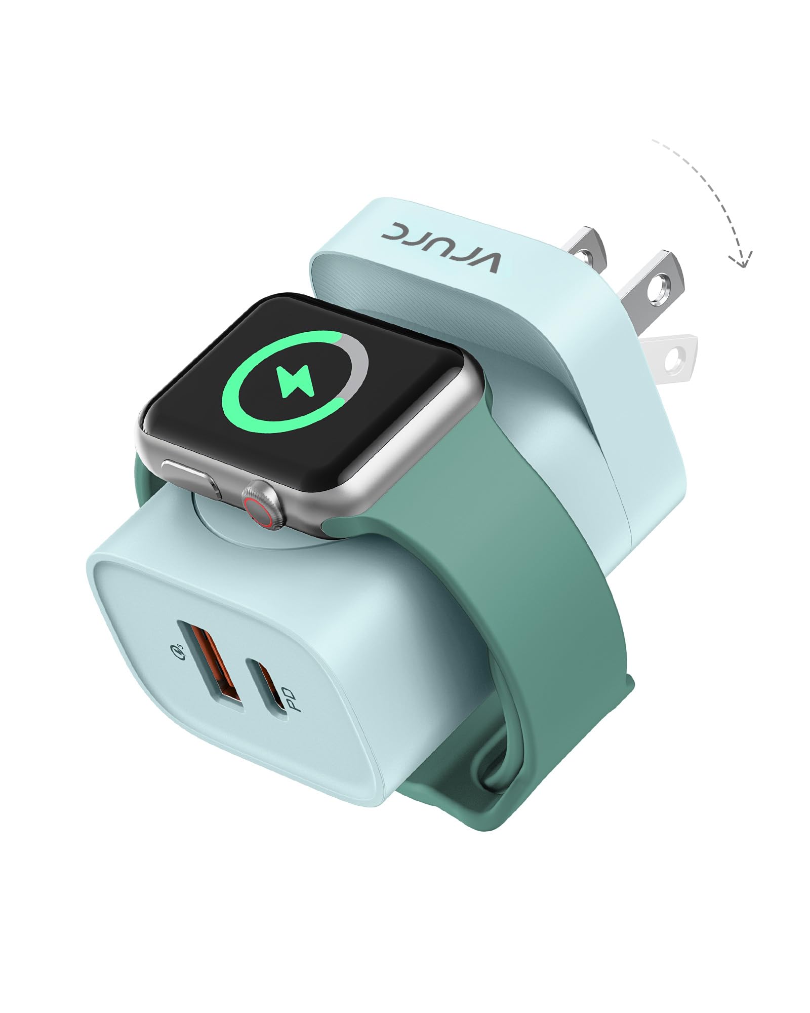 VRURC Charger for Apple Watch, Built-in Wireless Magnetic Charging Station for iWatch SE/11/10/9/8/7/6/5/4, PD 20W USB C Charging Block, Foldable Wall Charger Fast for iPhone 17/16/15/14/13-Green