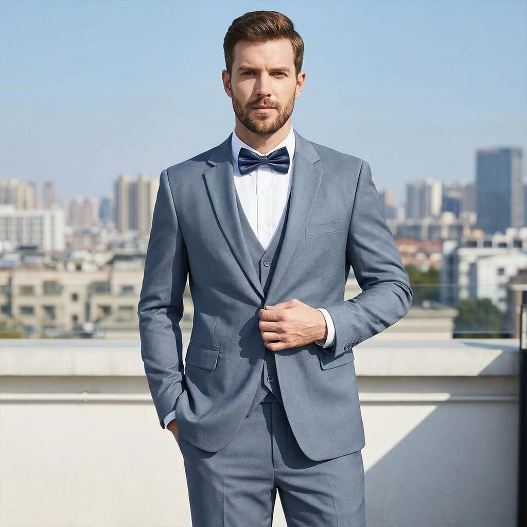 Men's 3-Piece Slim Fit Suit with Bow Tie, Single Button Blazer Vest Pants Set for Wedding Business, Formal Suit for Men Blue Grey