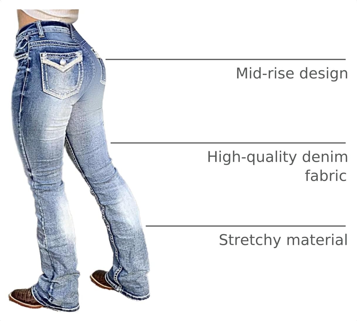 Flamingals Boot Cut Jeans for Women Trendy Stretch Jeans Butt Lifting Tummy Control Denim Pants Mid Blue