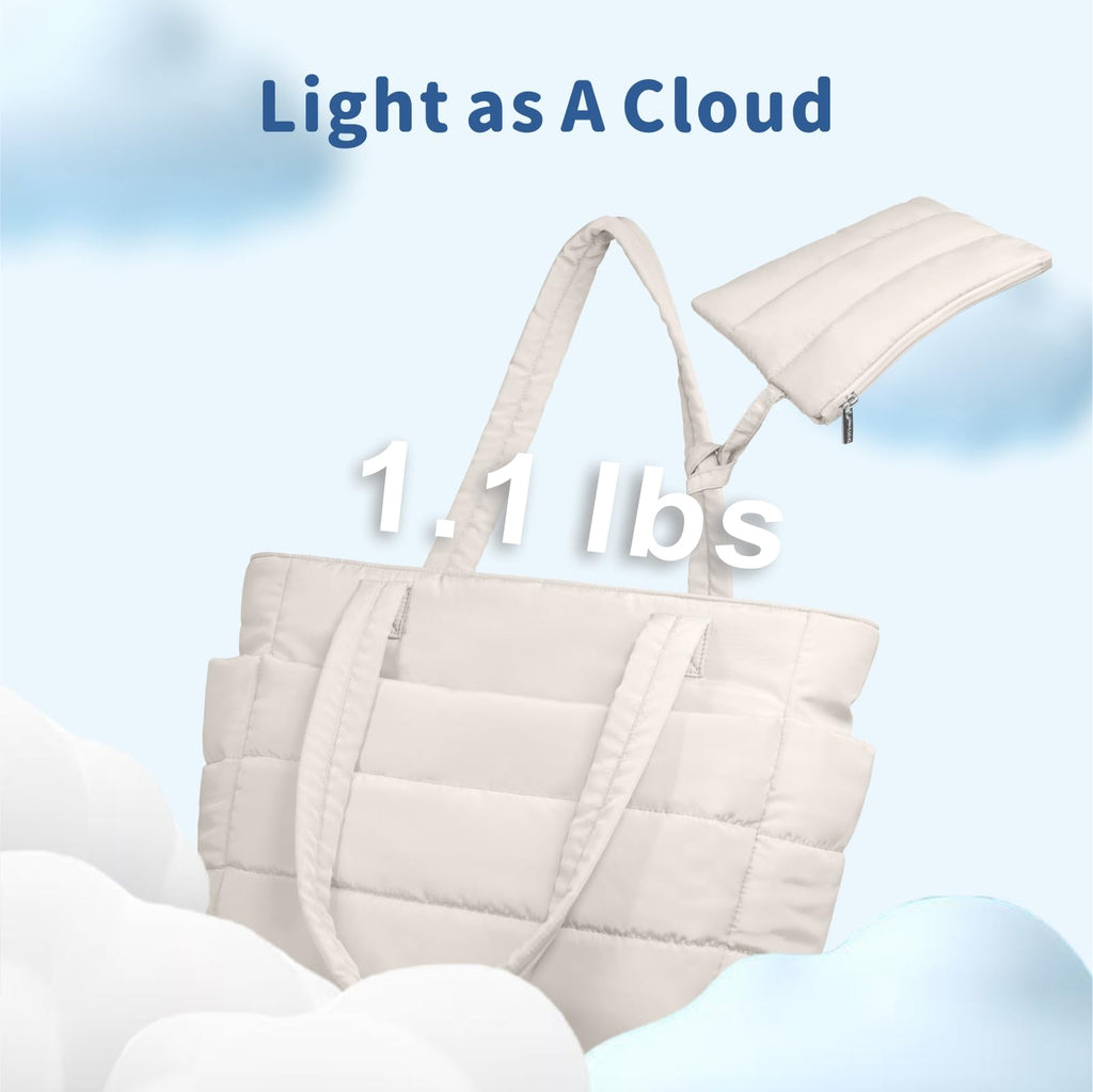 TOPDesign Puffer Tote Bag for Women, Lightweight Puffy Handbag with Compartments & Cosmetic Bag, Quilted Shoulder Bags for Work, Travel, Gym, Gifting (M Light White)