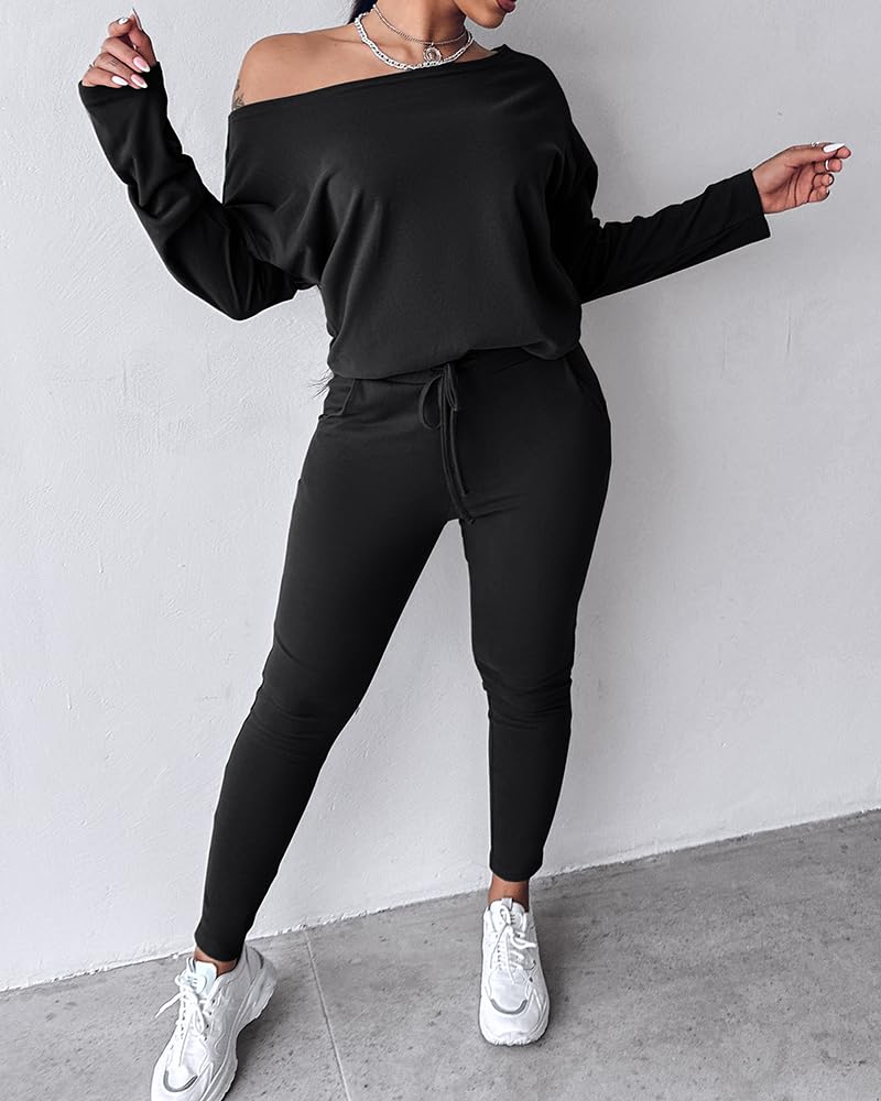 CHICME Womens Tracksuit Fall 2 piece Outfits Pants Set-Black-Large