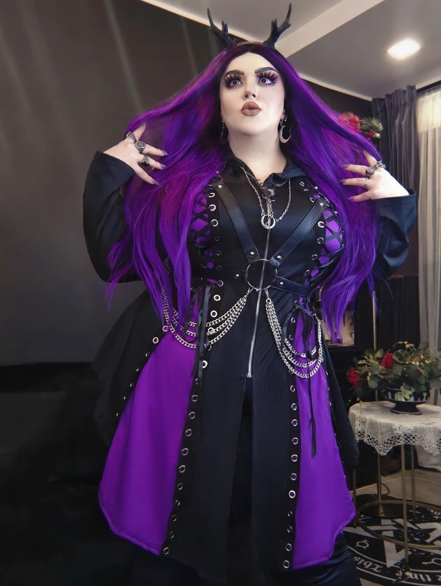 ROSE GAL Womens Plus Size Hooded Lace-up Grommets Color Block Gothic Zip Front Asymmetrical Hem Long Sleeve Top(Purple/4X)