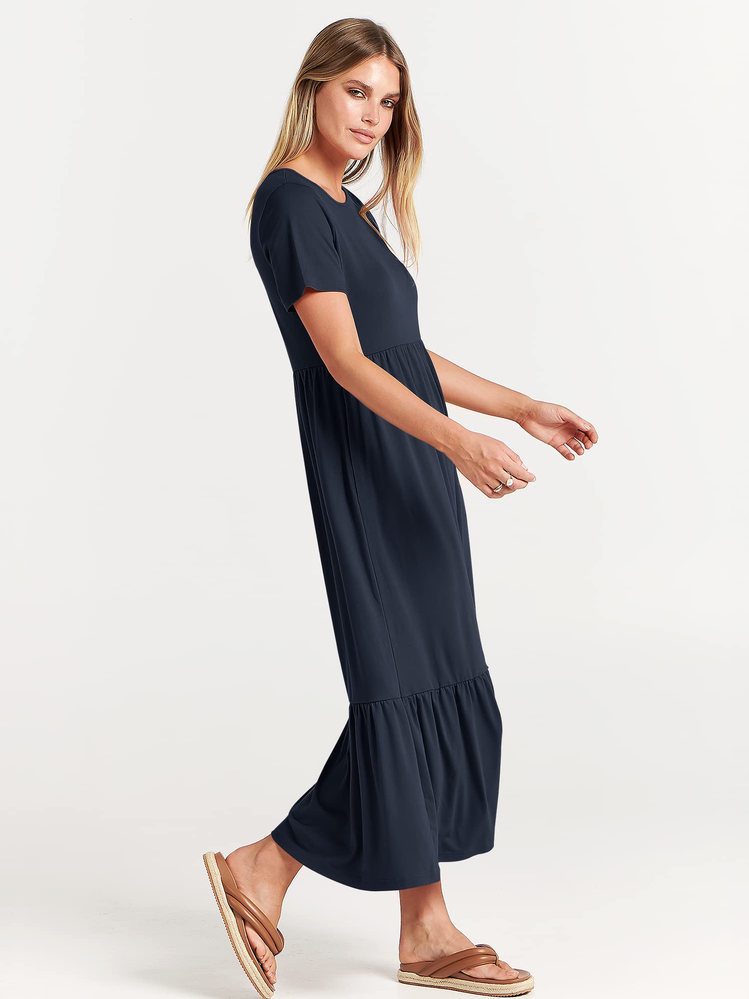 ANRABESS Womens 2025 Summer Casual Maxi Dress A line Tiered Flowy Short Sleeve Crewneck T Shirt Beach Travel Long Dresses X-Large Navy Blue