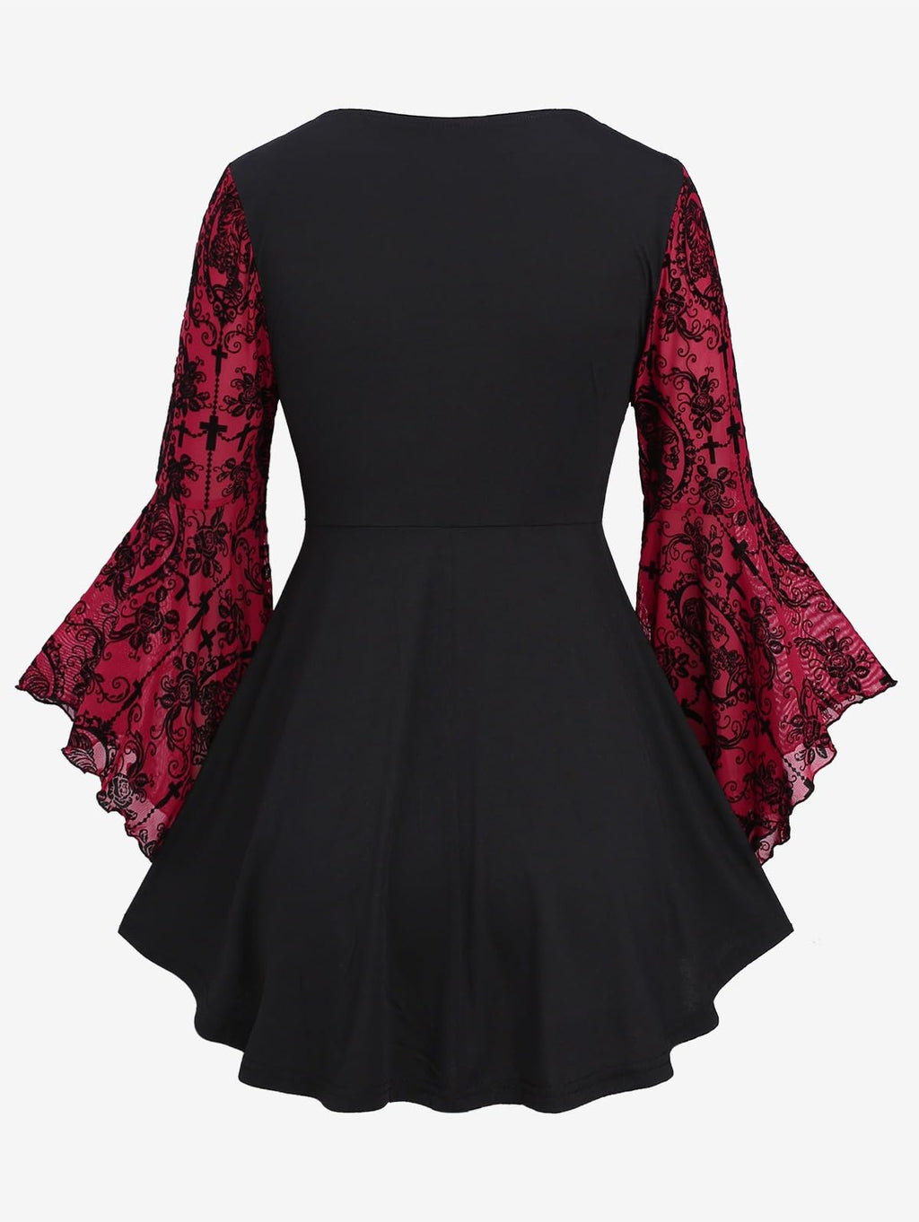 ROSE GAL Women Plus Size Flare Sleeves Ruffles Flower Lace Up 2 in 1 Top Long Sleeves Gothic Costume Top Bell Sleeves Twofer Tee(Red_2/2X)