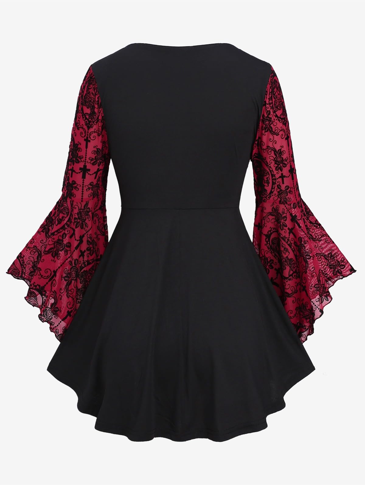 ROSE GAL Women Plus Size Flare Sleeves Ruffles Flower Lace Up 2 in 1 Top Long Sleeves Gothic Costume Top Bell Sleeves Twofer Tee(Red_2/2X)