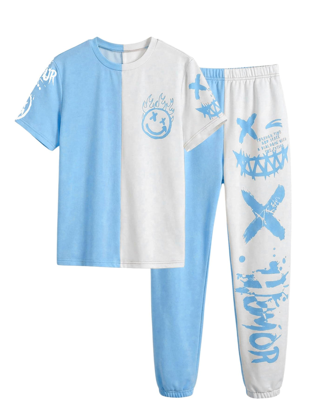 WDIRARA Boy's Two Piece Graphic Print Short Sleeve T Shirts and Elastic Waist Pants Clothing Set Blue and White 12Y