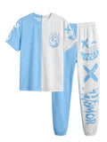 WDIRARA Boy's Two Piece Graphic Print Short Sleeve T Shirts and Elastic Waist Pants Clothing Set Blue and White 12Y