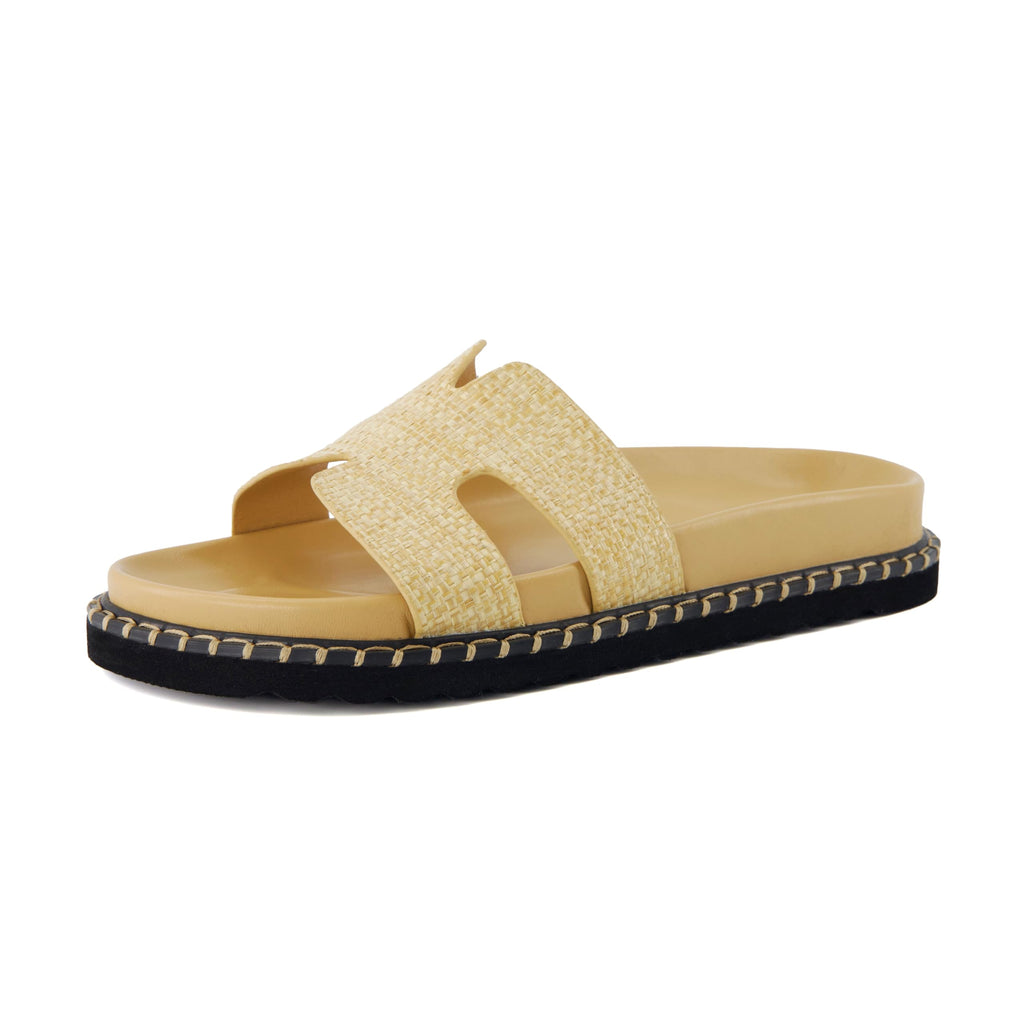 CUSHIONAIRE Crisp Women’s Slide Sandal – Faux Leather Cutout Slip-On with Artisan Stitching & Memory Foam, Wide Widths Available, NATURAL 10