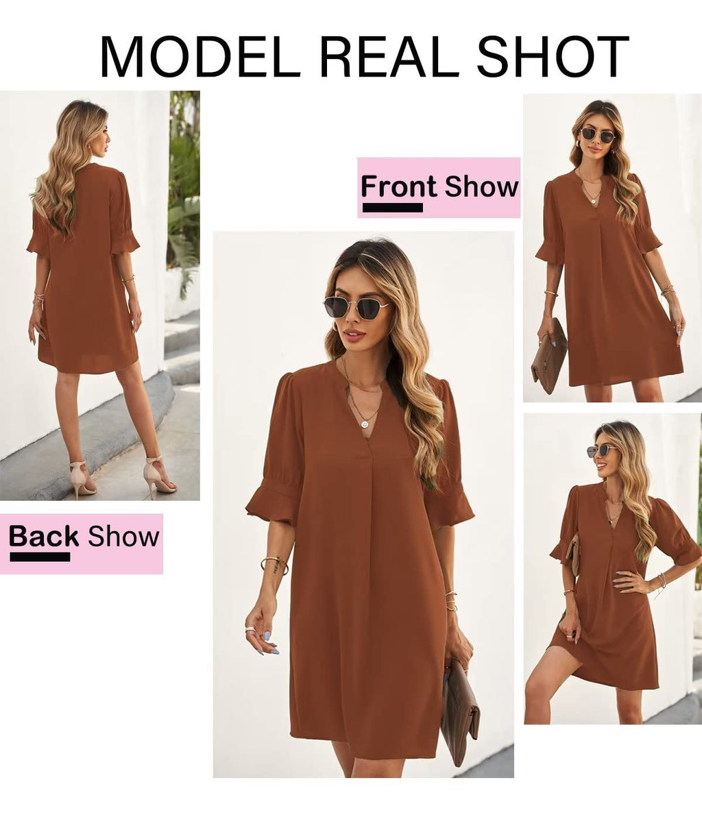QACOHU Women's V-Neck Short Sleeve Summer Mini Dress Breathable Soft Tunic Dress Brown L