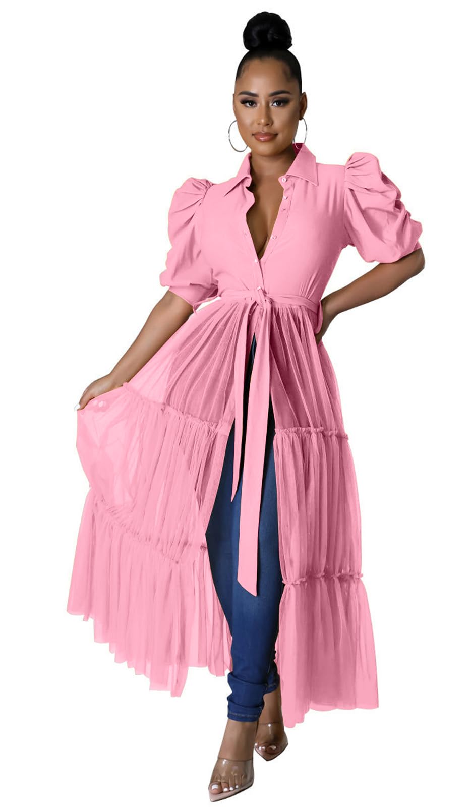 Ekaliy Women's Short Sleeve Round Neck High Low Asymmetrical Irregular Hem Casual Tops Blouse Shirt Dress L Pink