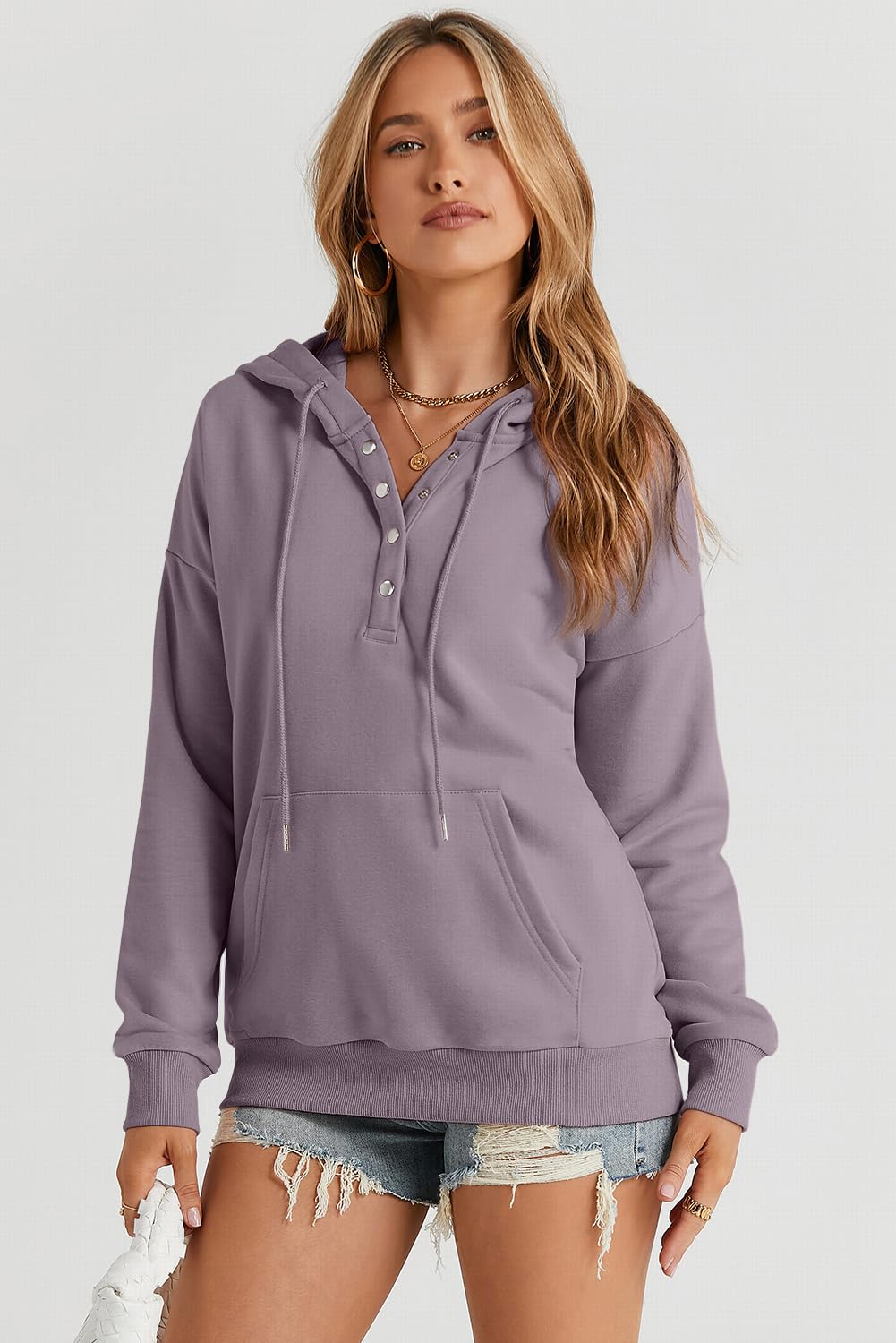 Dokotoo Oversized Sweatshirt for Women Winter Clothing Drawstring Womens Hoodies Button Collar Fleece Long Sleeve with Pockets Hooded Pullover Casual Loose Fit Cute Hoodie Tops Shirts Purple Small