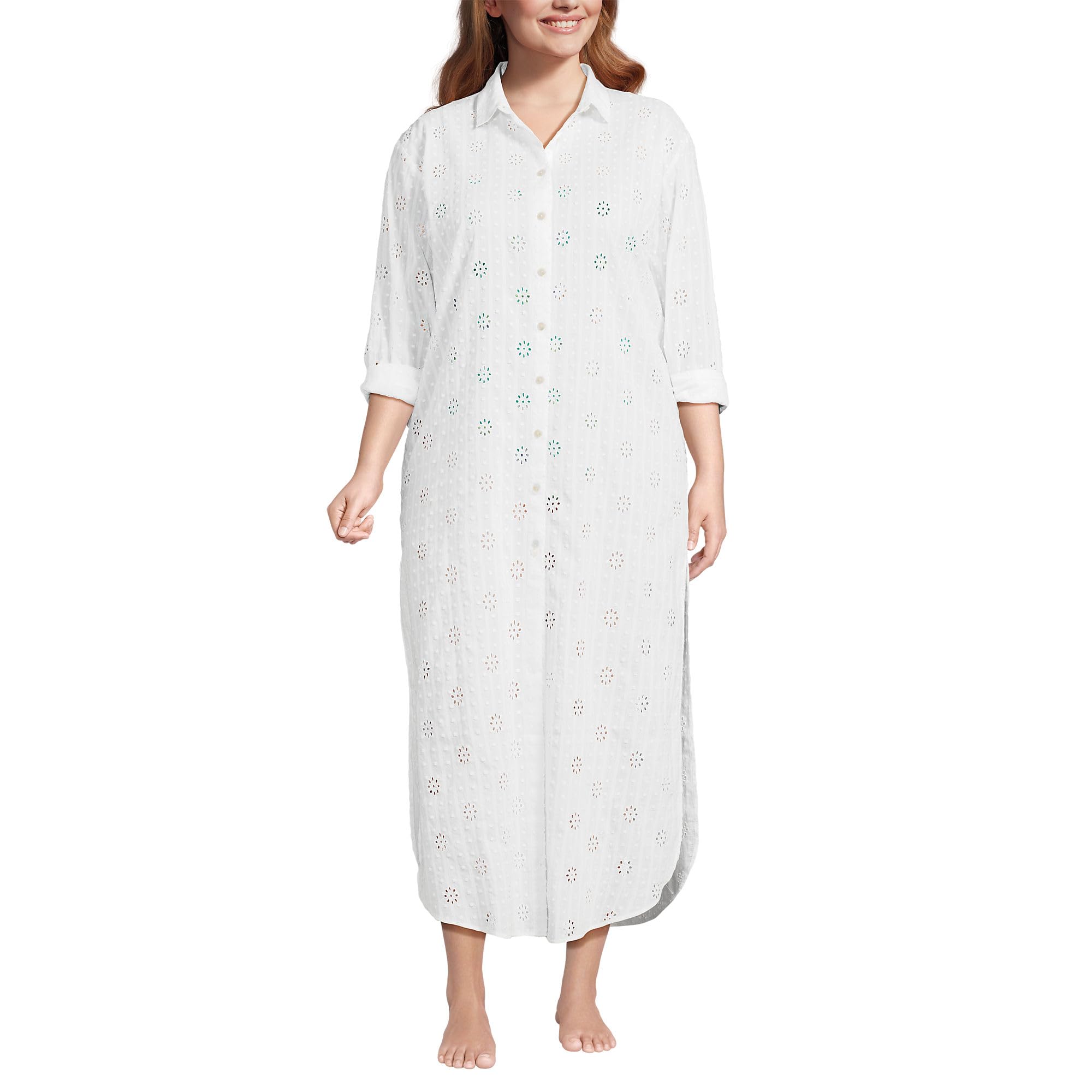 Lands' End Women's Eyelet Button Down Maxi Cover-up Dress X-Small White