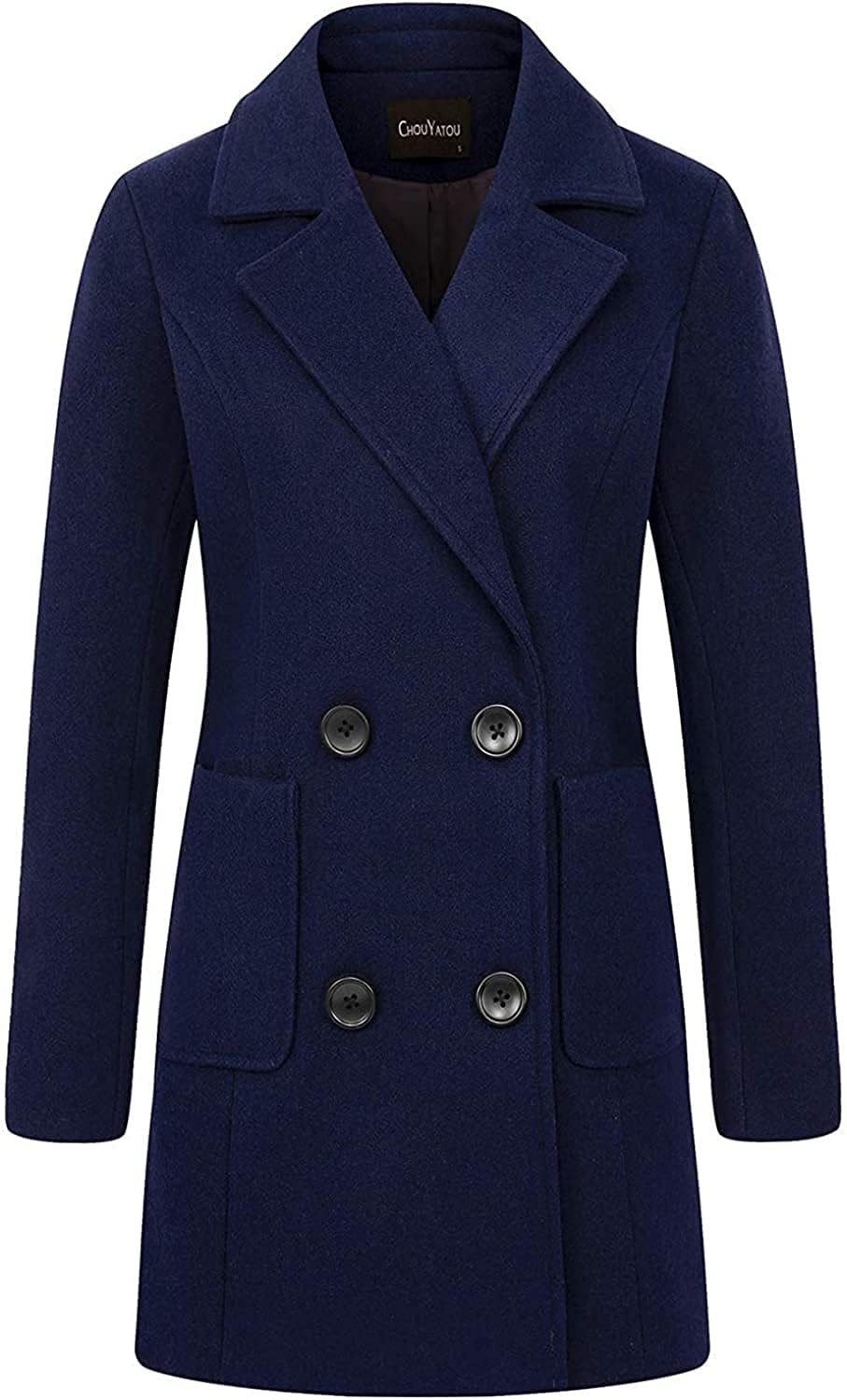 chouyatou Women Elegant Notched Collar Double Breasted Wool Blend Over Coat (Medium, Navy Blue)