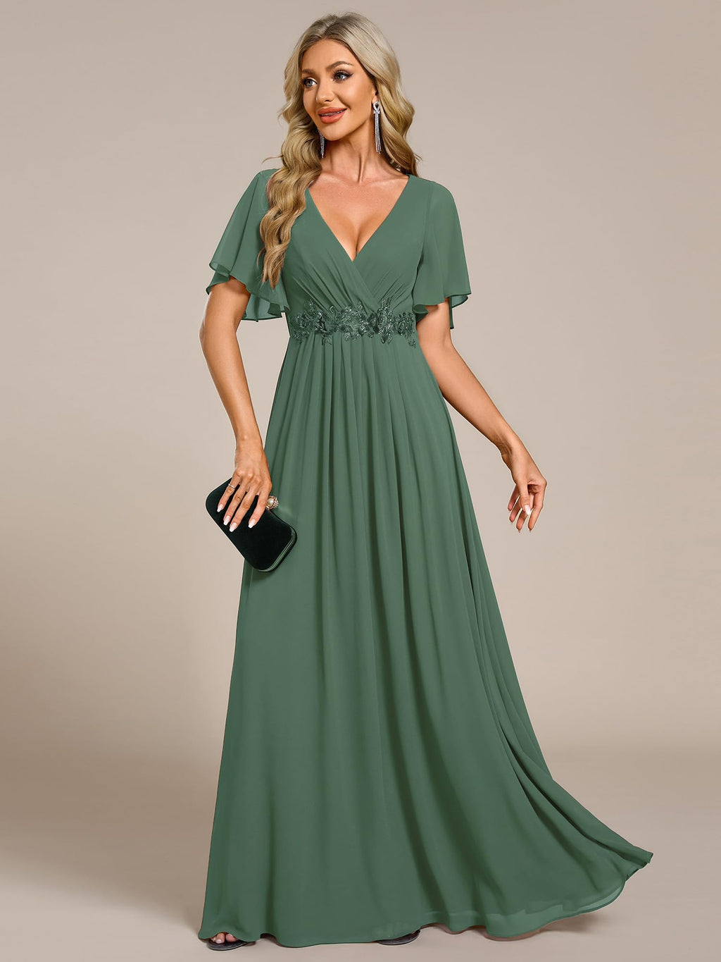 Ever-Pretty Women's Chiffon V-Neck Mother of Bride Dresses A-Line Ruched Short Sleeves Appliques Bridesmaid Dress Formal Gown Eucalyptus Green US12