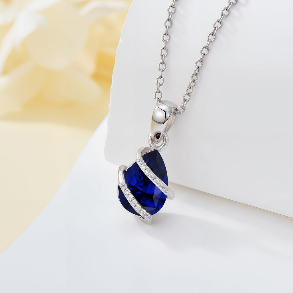 FYBIOD Pear Shaped Created Sapphire and Diamond Pendant Necklace for Women 925 Sterling Silver 2 Carat Teardrop Sapphire Necklace Birthday Gift for Her Mom